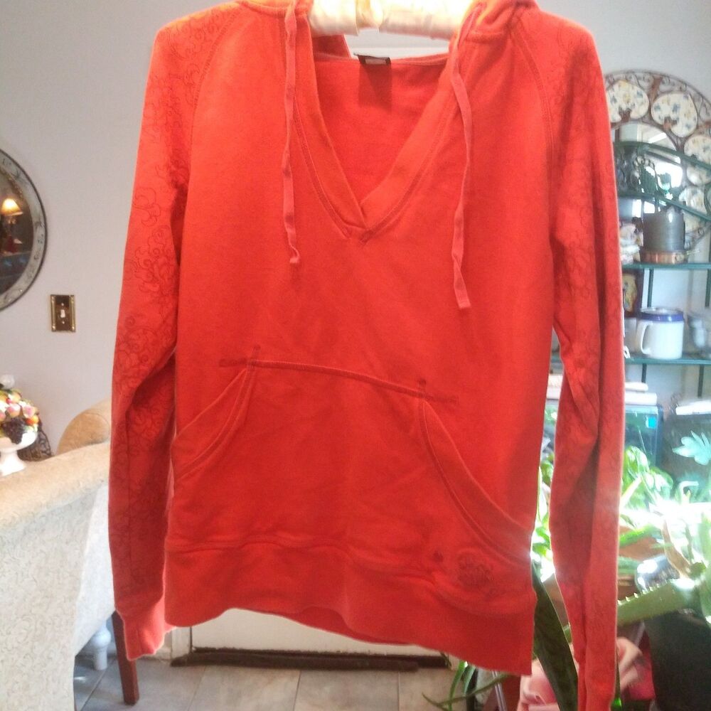 REI hoodie v neck vermillion orange embroidered pockets sz M patterned sleeves